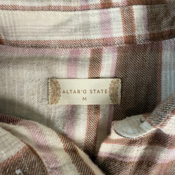 Altar'd State Oversized Brown and Pink Plaid Button-Up Blouse Medium - Picture 3 of 8